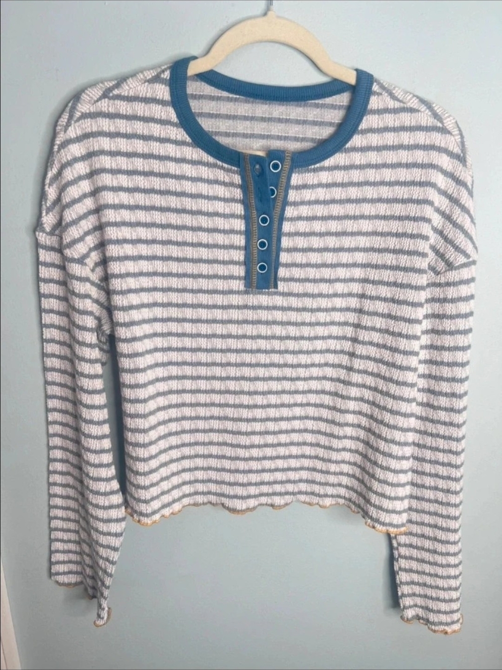 Striped Thermal Henley Top in White and Gray with Teal Trim